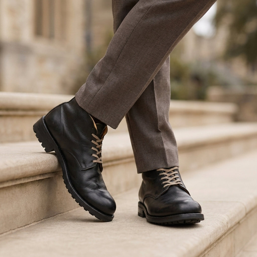 Men's classic black classic leather look lace-up boots with cushioned sole