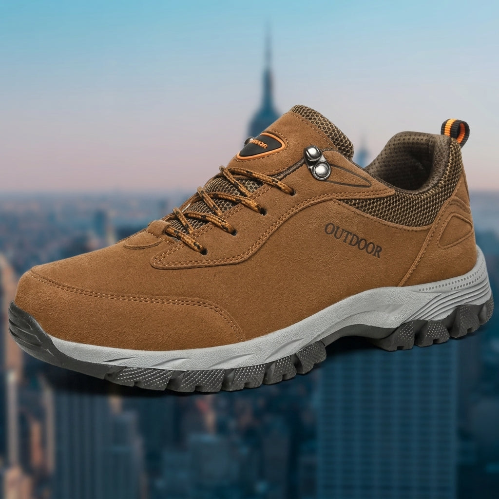 Men's camel trail hiking shoes with suede mesh upper and grip sole