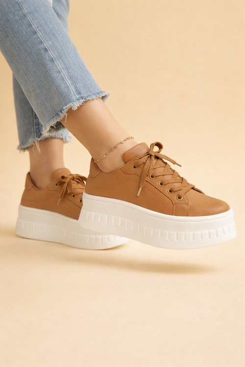 Women's brown chunky platform sneakers with lace-up front
