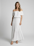 Women's white off-shoulder maxi dress with bardot neckline