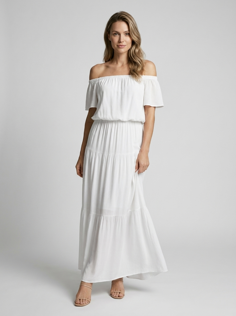 Women's white off-shoulder maxi dress with bardot neckline