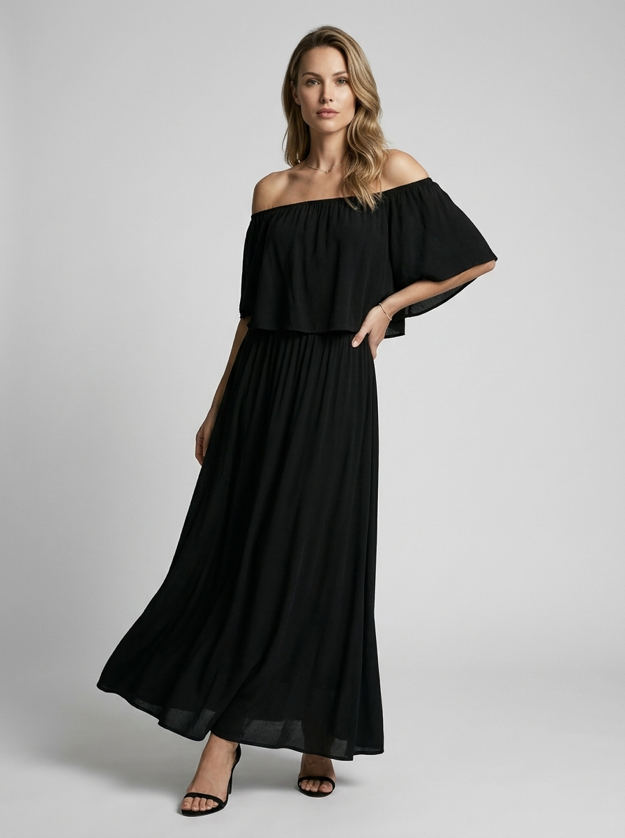Women's white off-shoulder maxi dress with bardot neckline