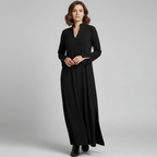 Women's black minimalist maxi dress with v-neck and collar