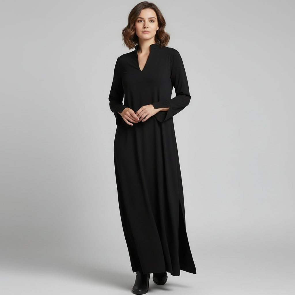 Women's black minimalist maxi dress with v-neck and collar