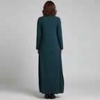 Women's black minimalist maxi dress with v-neck and collar
