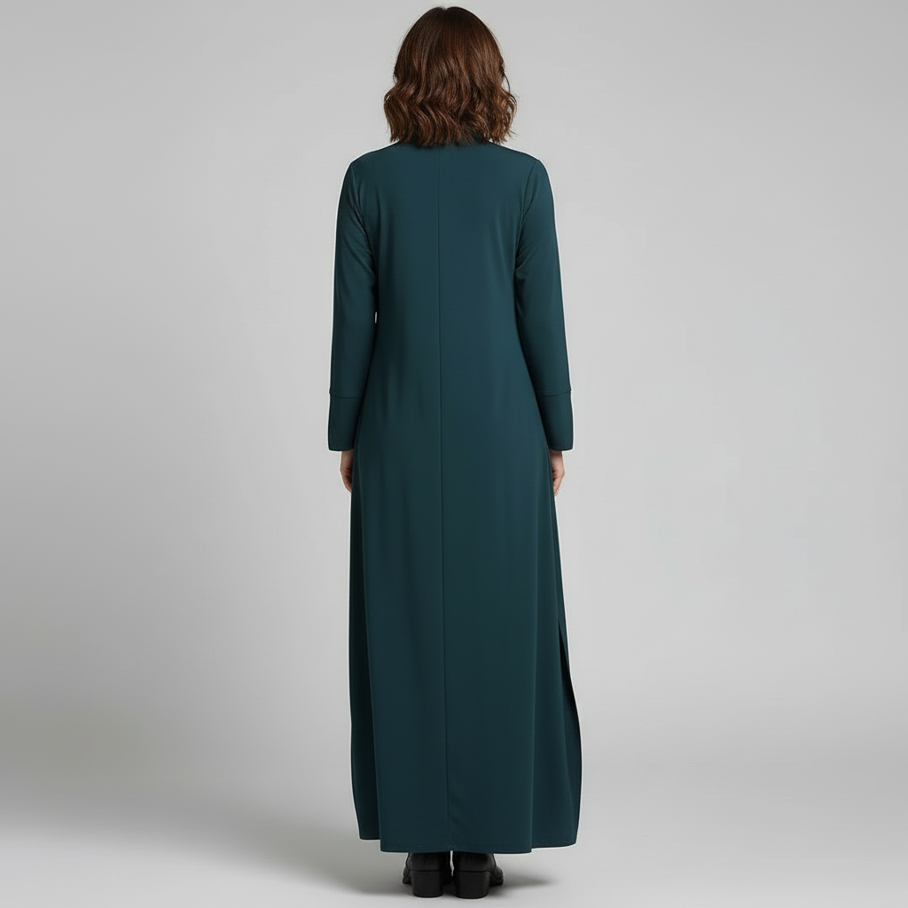 Women's black minimalist maxi dress with v-neck and collar