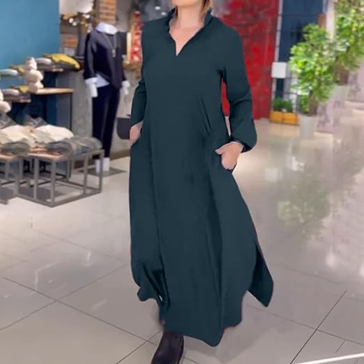 Women's black minimalist maxi dress with v-neck and collar
