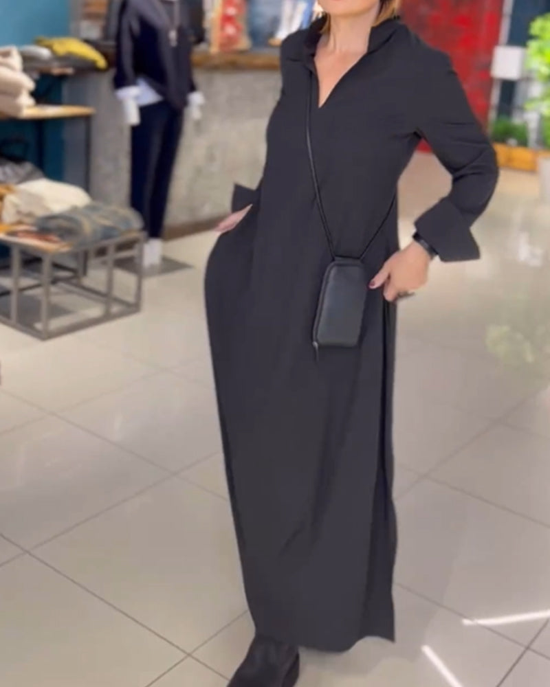 Women's green minimalist maxi dress with v-neck and collar