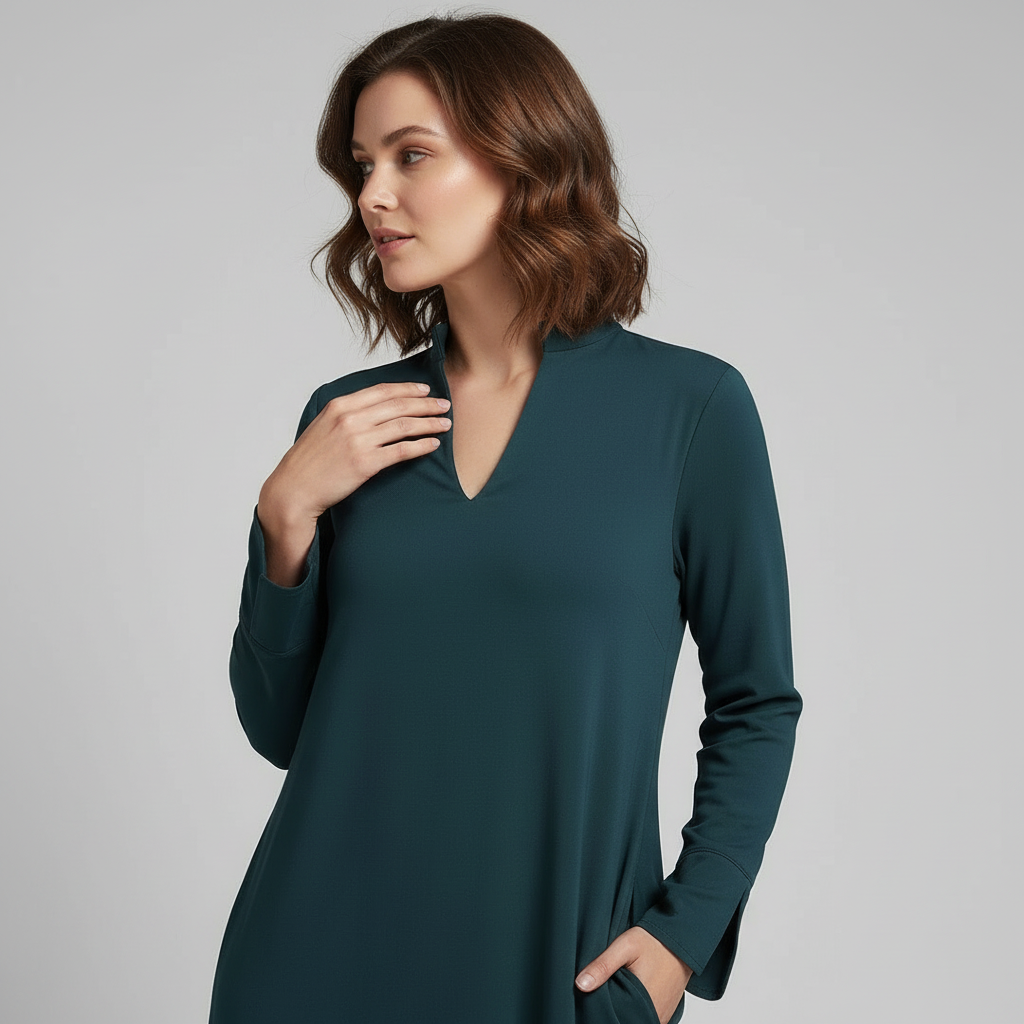 Women's green minimalist maxi dress with v-neck and collar