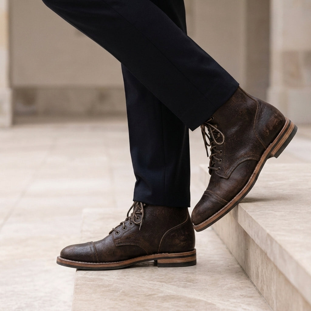 Men's espresso brown rugged leather look lace-up boots with non-slip sole