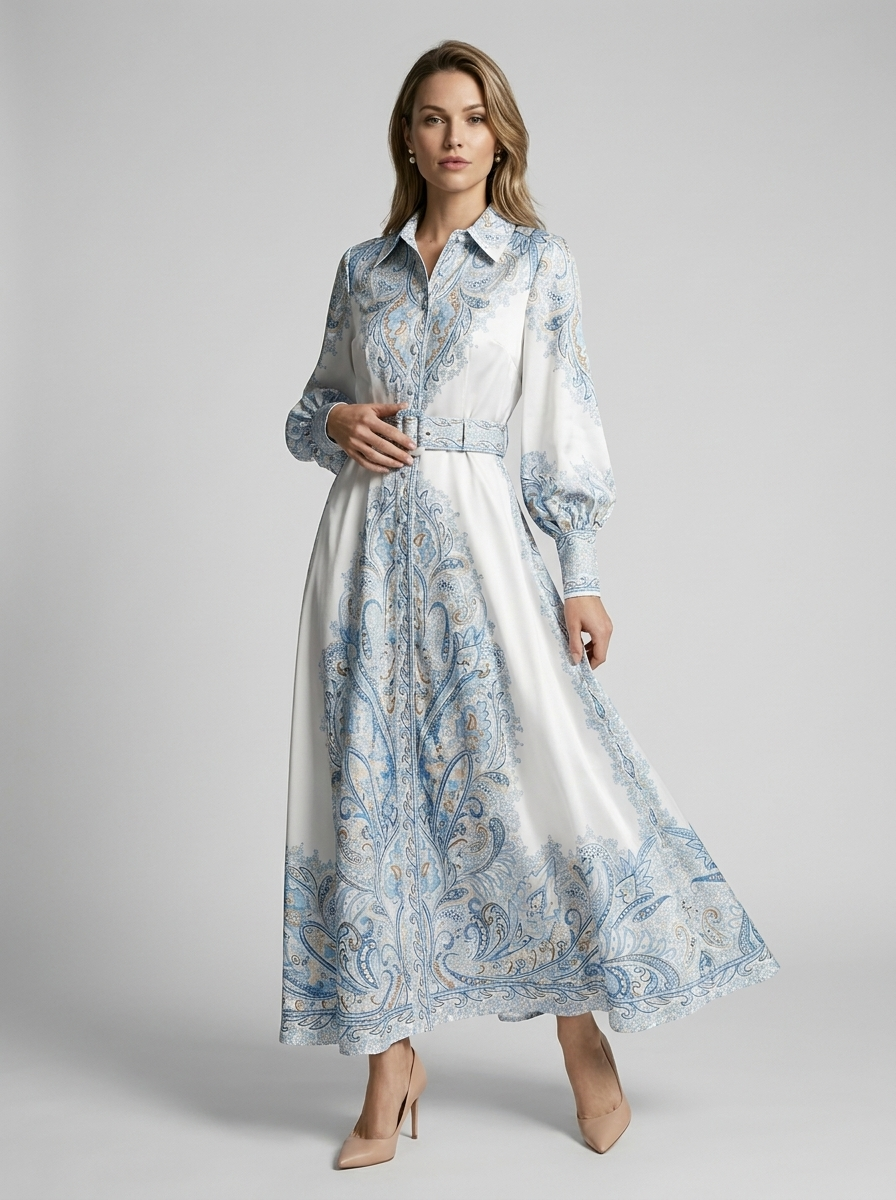 Women's blue printed a-line dress with tie belt and fitted bodice