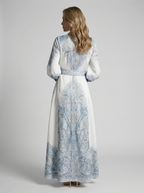 Women's blue printed a-line dress with tie belt and fitted bodice