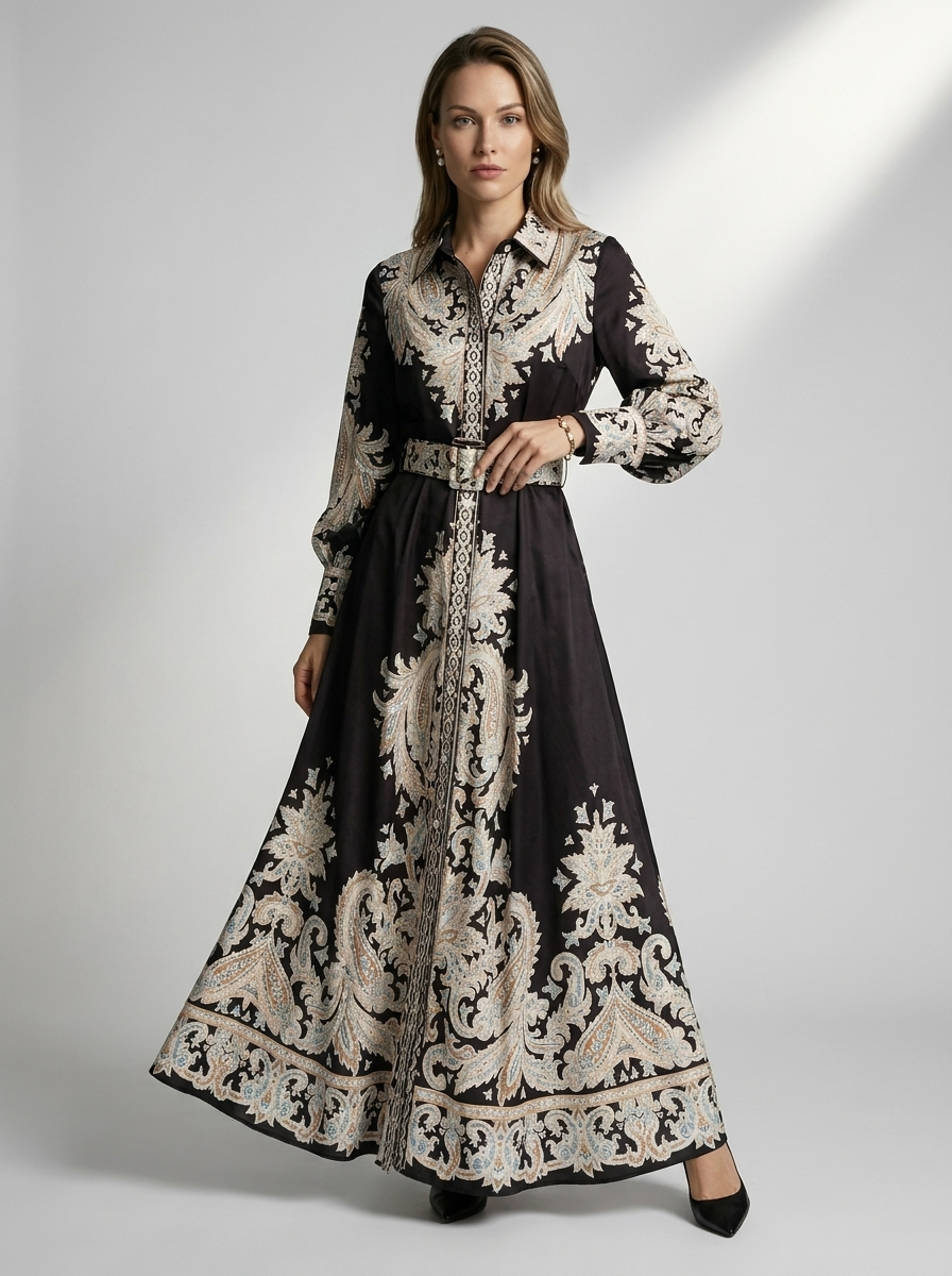 Women's blue printed a-line dress with tie belt and fitted bodice