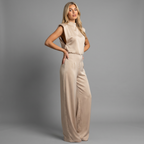 Women's light brown satin jumpsuit with wide leg and open back