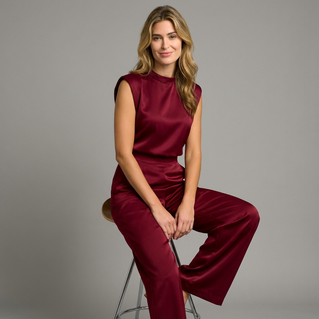 Women's light brown satin jumpsuit with wide leg and open back