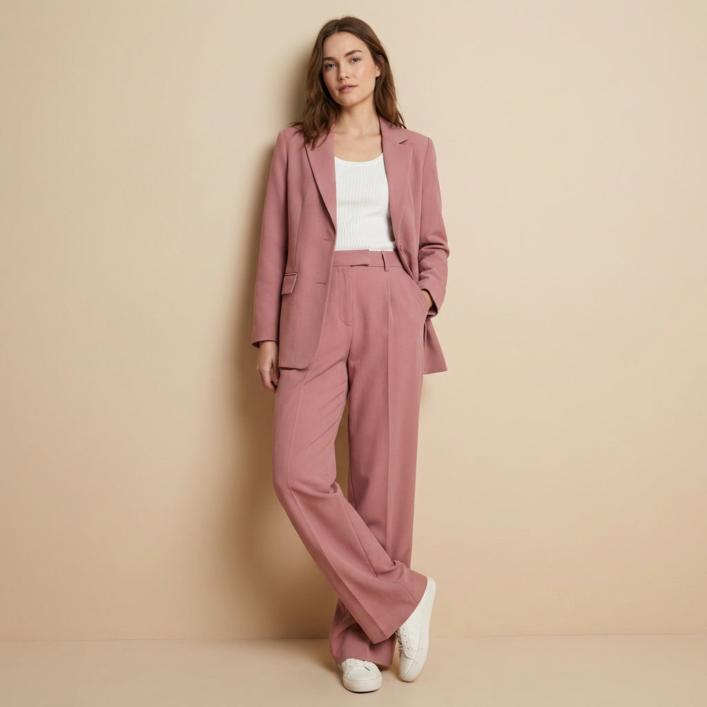 Women's pink blazer and trouser two piece set with tailored fit