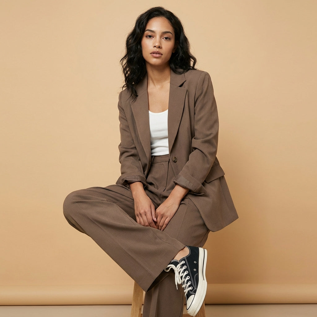 Women's khaki blazer and trouser two piece set with tailored fit
