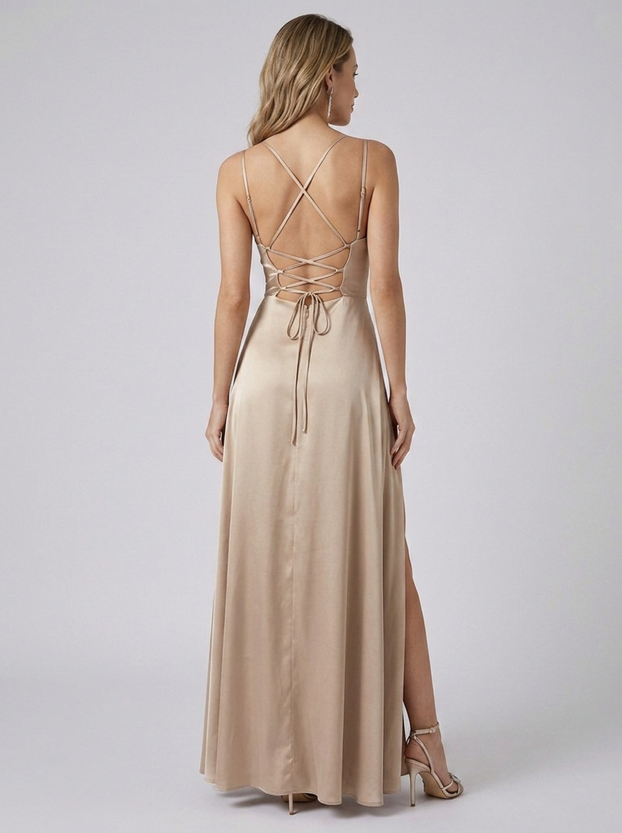 Women's champagne satin maxi dress with high slit and open back