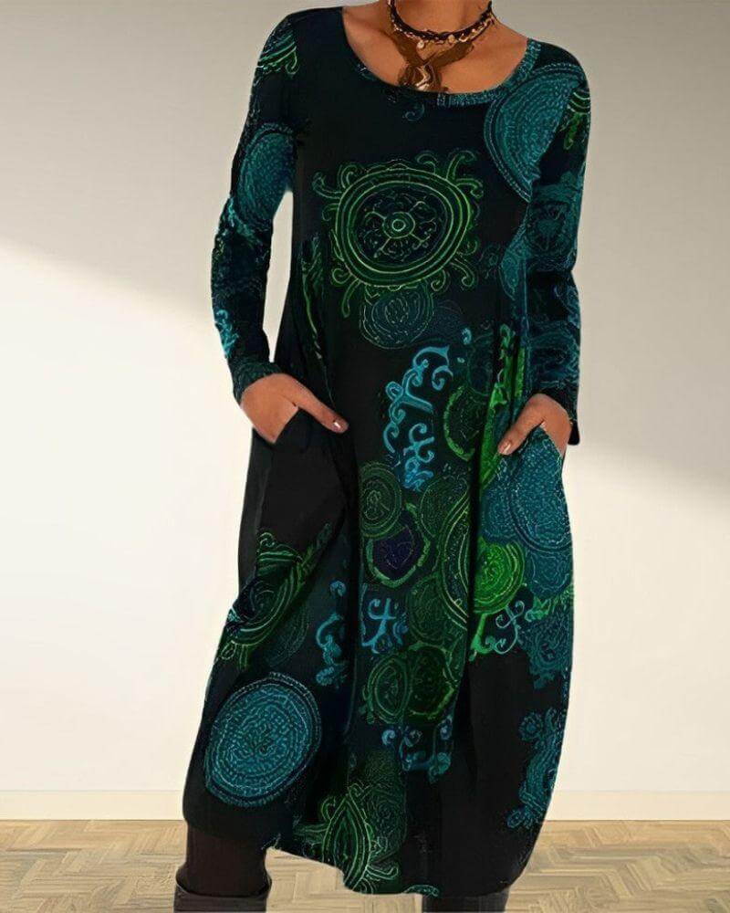 Women's blue bohemian long sleeve midi dress