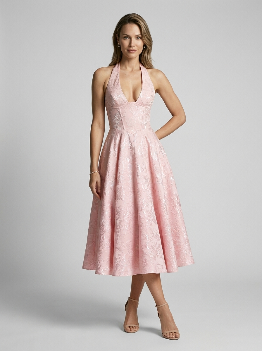 Women's pink jacquard midi dress with halterneck and fitted bodice