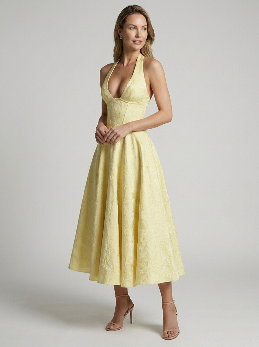 Women's white jacquard midi dress with halterneck and fitted bodice