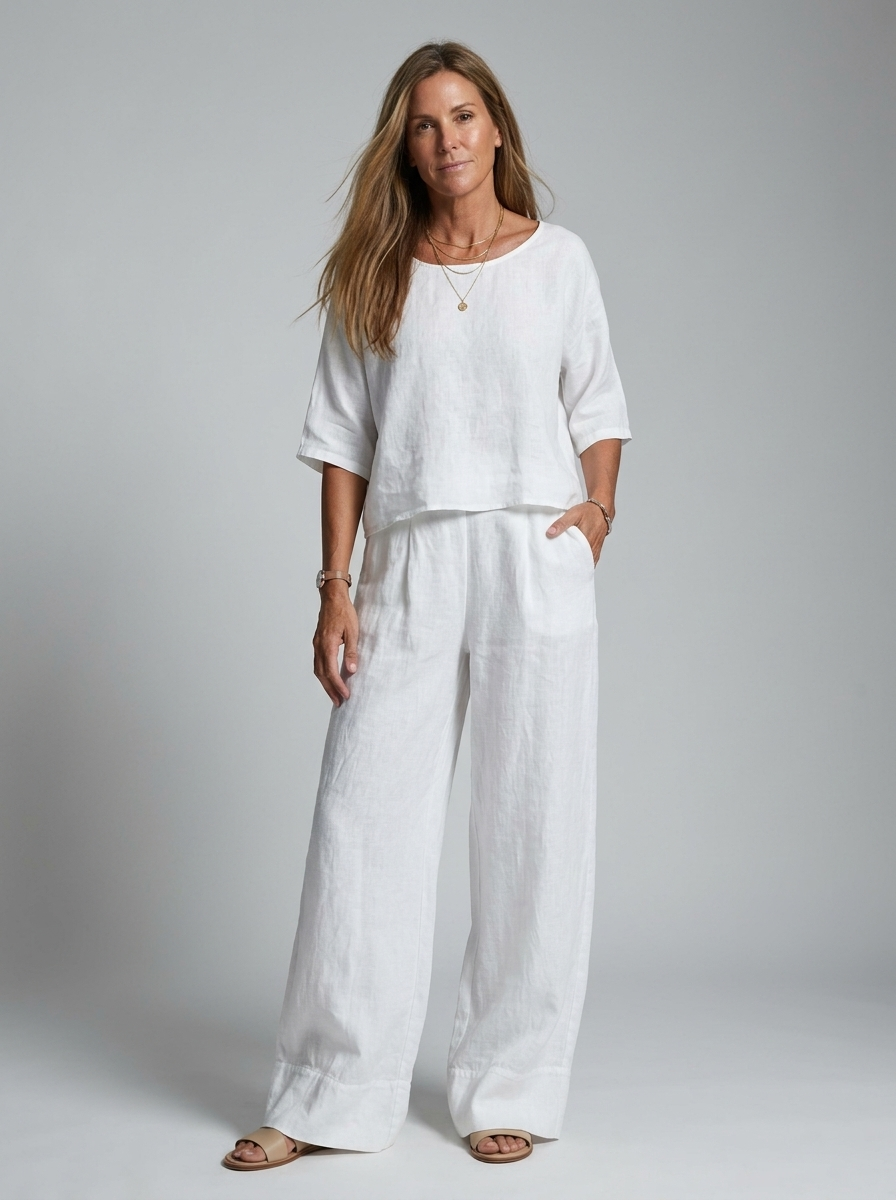 Women's white linen two piece set with wide leg trousers