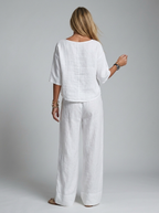 Women's white linen two piece set with wide leg trousers