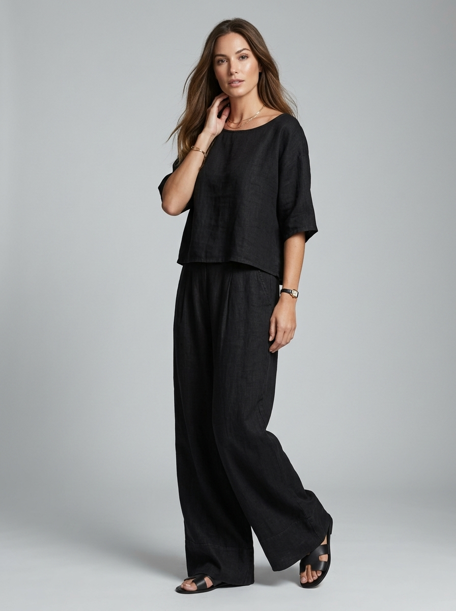 Women's white linen two piece set with wide leg trousers