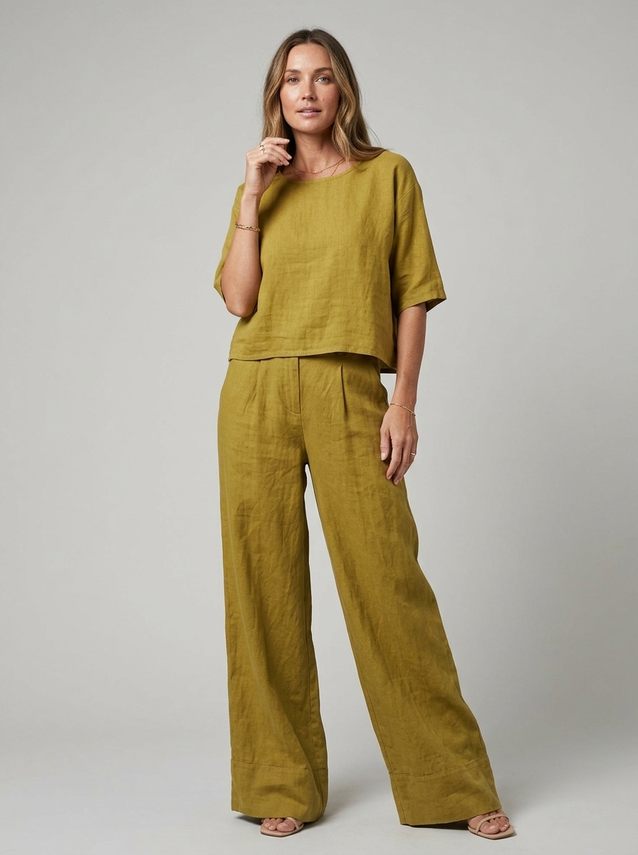Women's white linen two piece set with wide leg trousers