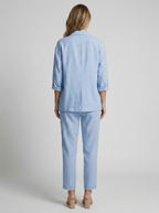 Women's blue linen jumpsuit with wide leg and relaxed fit