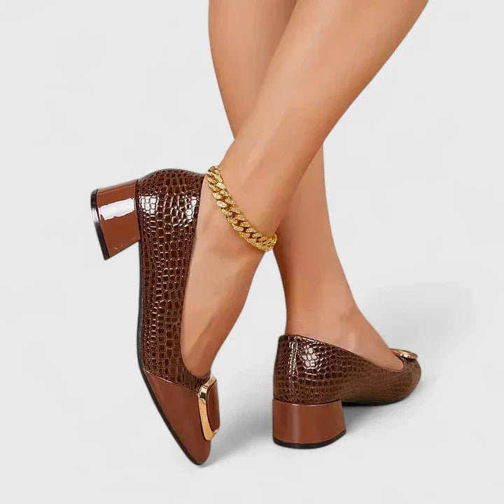 Women's brown croc-embossed block heel loafers with square toe