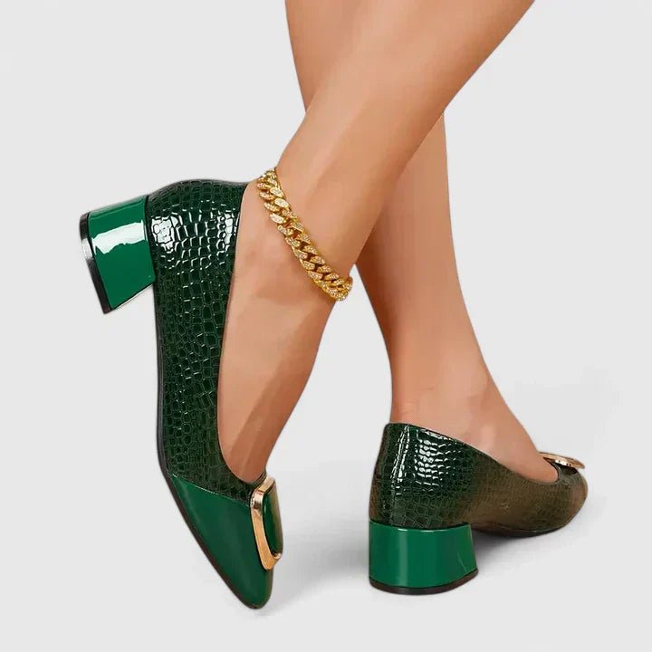 Women's brown croc-embossed block heel loafers with square toe