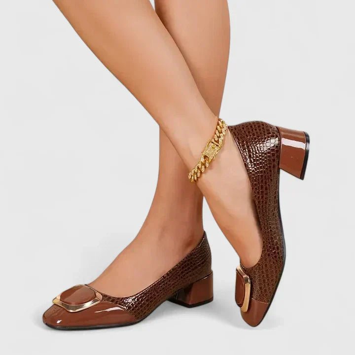 Women's brown croc-embossed block heel loafers with square toe