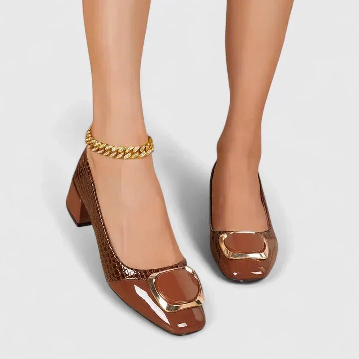 Women's brown croc-embossed block heel loafers with square toe