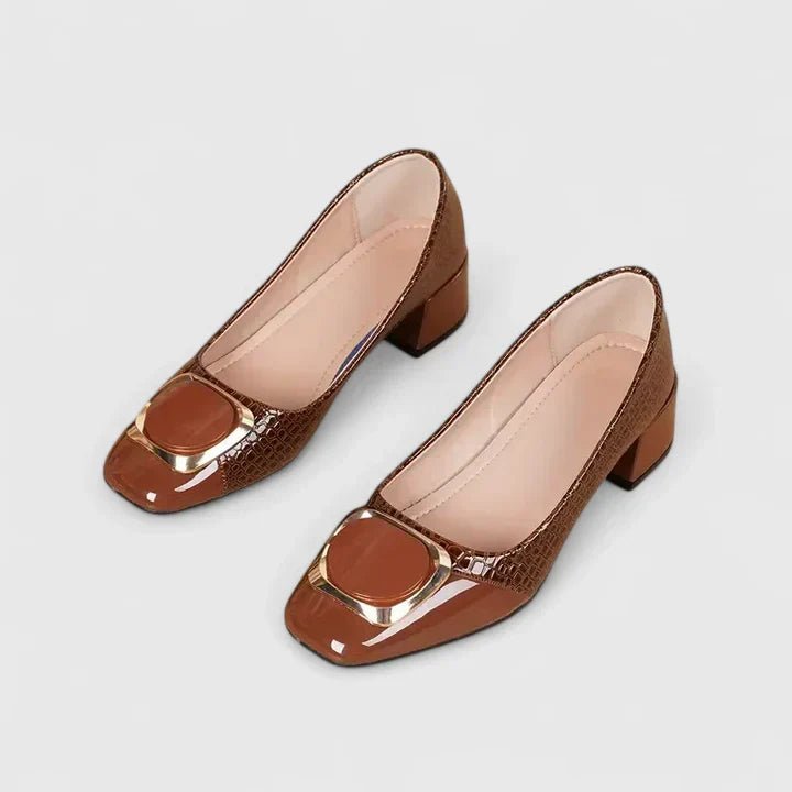 Women's brown croc-embossed block heel loafers with square toe