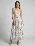 Women's white and purple floral corset midi dress with sweetheart neckline