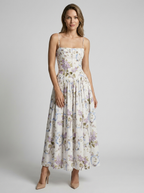 Women's white and purple floral corset midi dress with sweetheart neckline