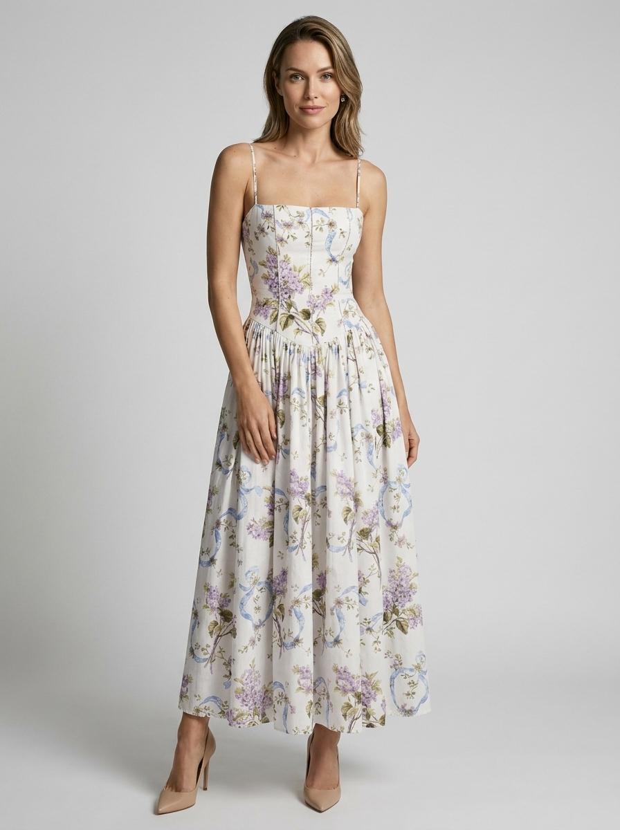 Women's white and purple floral corset midi dress with sweetheart neckline