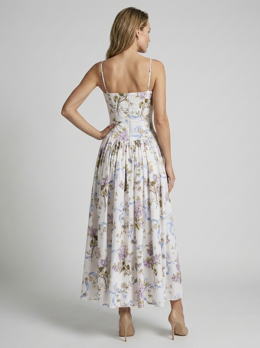 Women's white and purple floral corset midi dress with sweetheart neckline