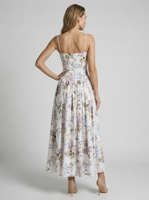 Women's white and purple floral corset midi dress with sweetheart neckline