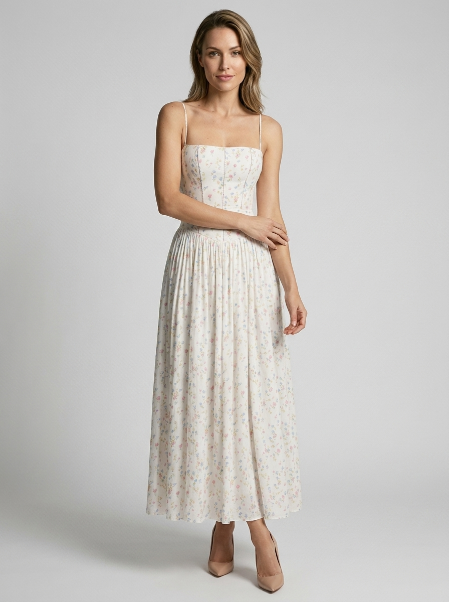 Women's white and purple floral corset midi dress with sweetheart neckline