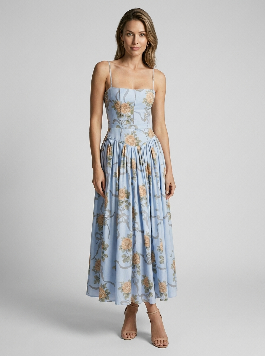 Women's cream floral corset midi dress with sweetheart neckline