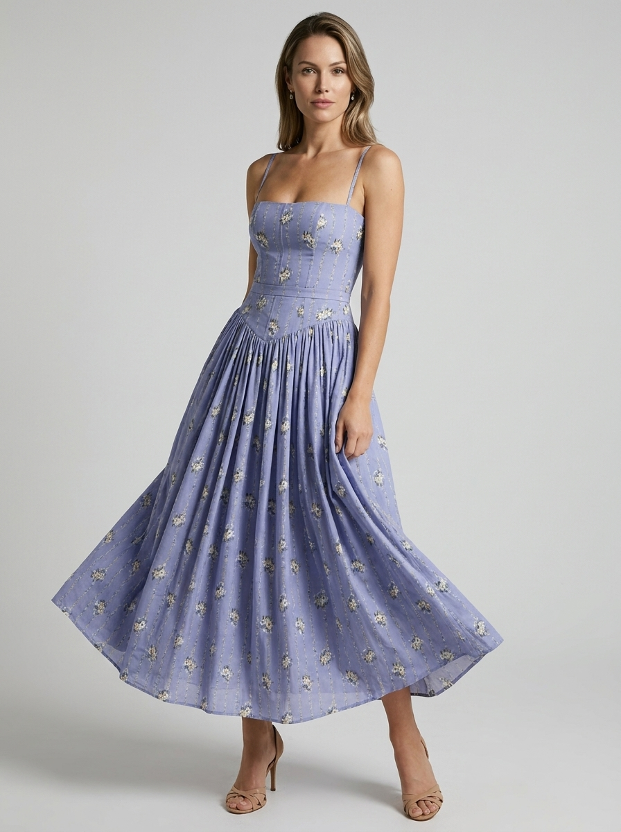 Women's cream floral corset midi dress with sweetheart neckline