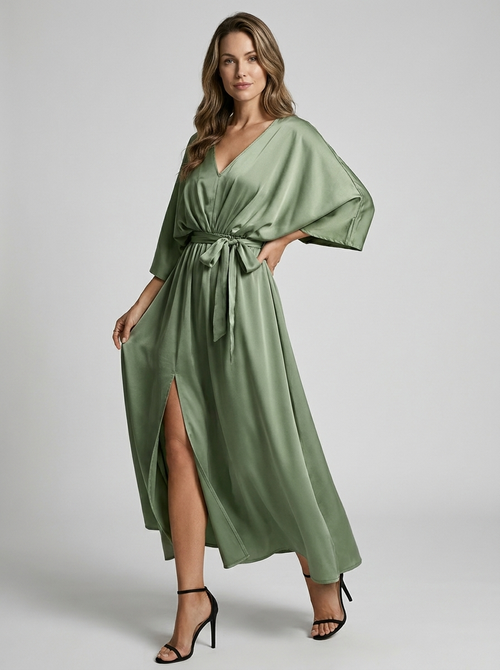 Women's green v-neck maxi dress with side slit and tie belt