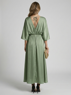 Women's green v-neck maxi dress with side slit and tie belt