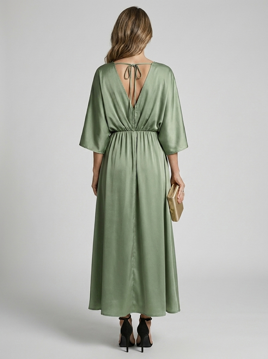 Women's green v-neck maxi dress with side slit and tie belt