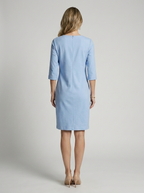 Women's blue minimalist midi dress with v-neck and three-quarter sleeves