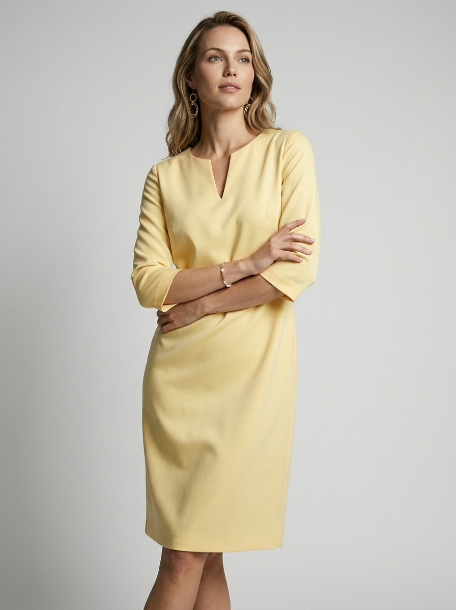 Women's blue minimalist midi dress with v-neck and three-quarter sleeves