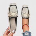 Women's beige cushioned slip-on loafers with almond toe