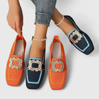 Women's beige cushioned slip-on loafers with almond toe